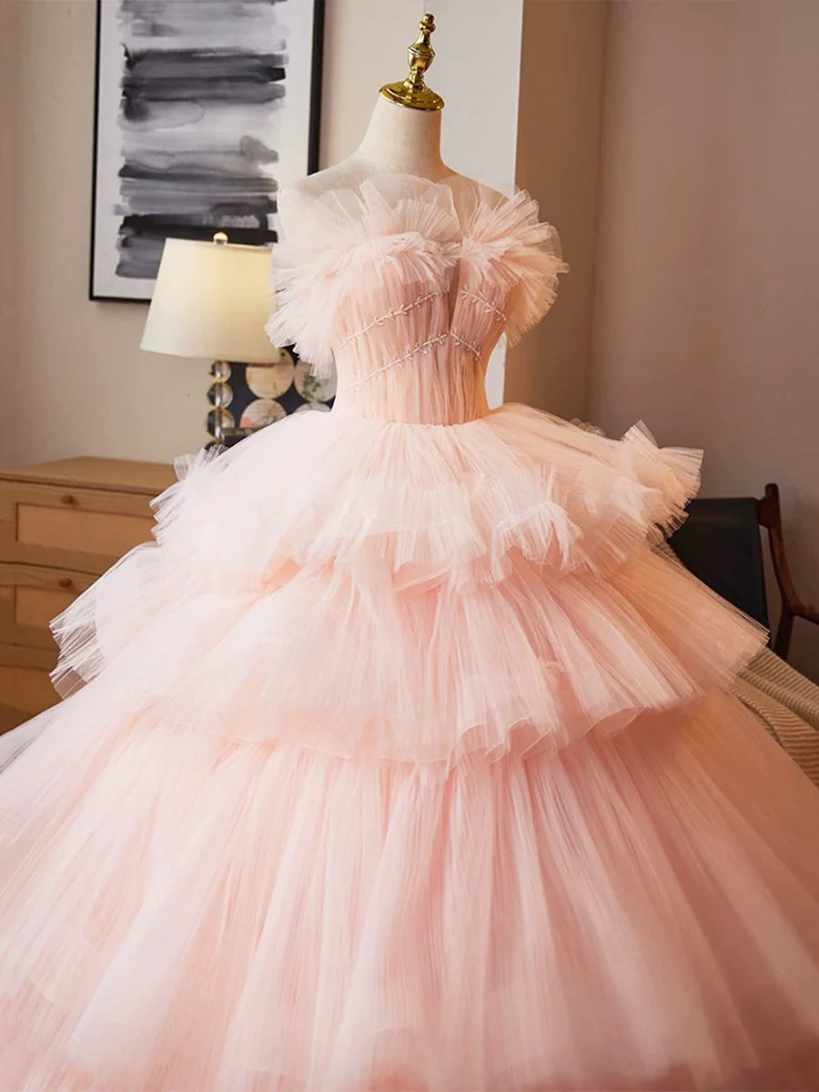 Sweet Pink V Neck Tulle Strapless Layered Ruffles Long Prom Dress Beautiful Floor length Party Dress
