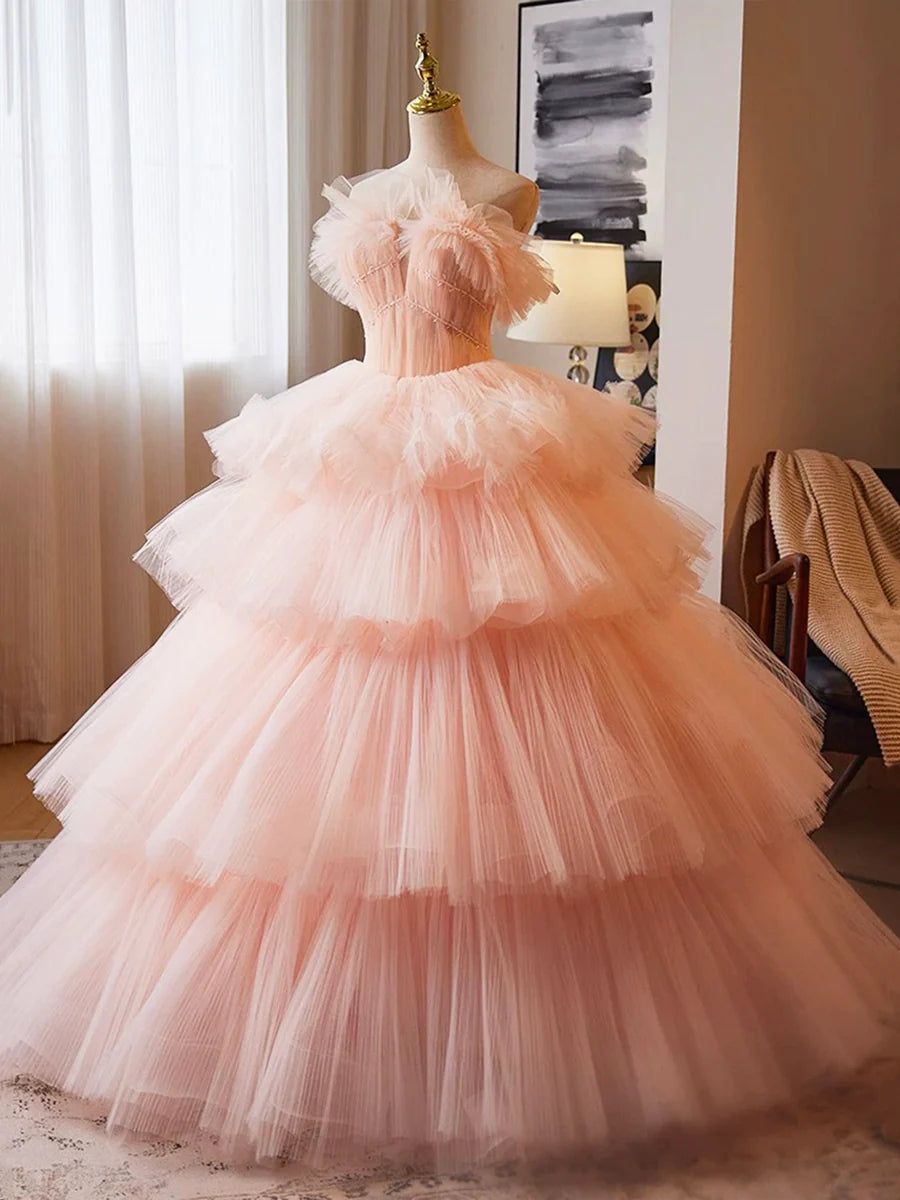 Sweet Pink V Neck Tulle Strapless Layered Ruffles Long Prom Dress Beautiful Floor length Party Dress