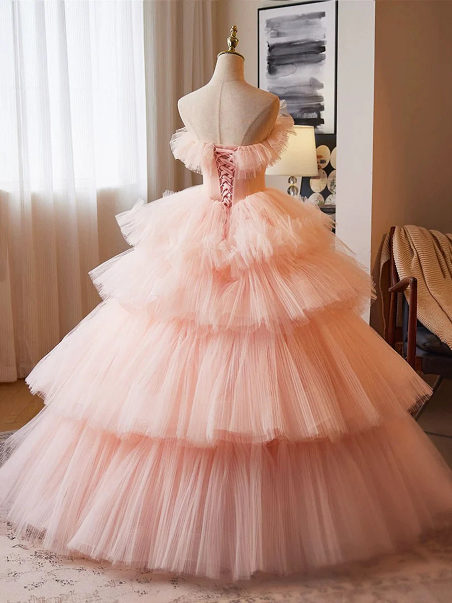 Sweet Pink V Neck Tulle Strapless Layered Ruffles Long Prom Dress Beautiful Floor length Party Dress
