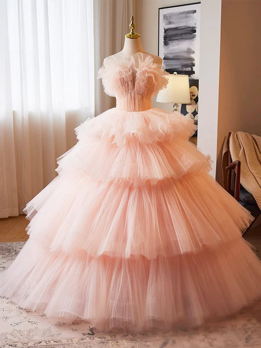 Sweet Pink V Neck Tulle Strapless Layered Ruffles Long Prom Dress Beautiful Floor length Party Dress