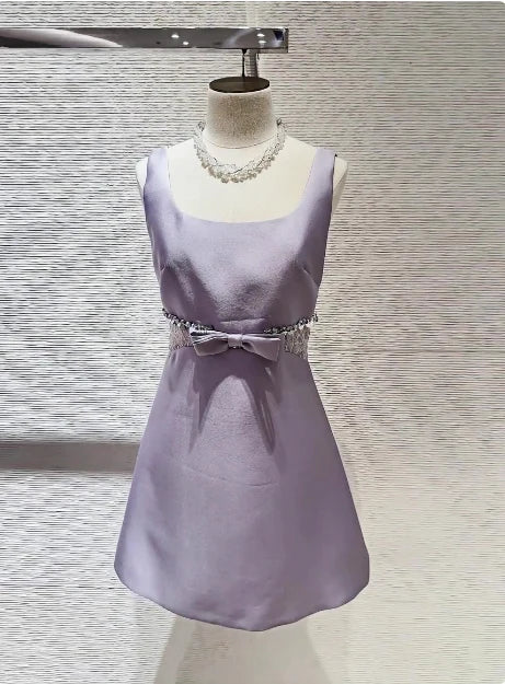 Sweet Purple Satin Square Neck Bow Waist 17th Birthday Homecoming Dress With Beaded