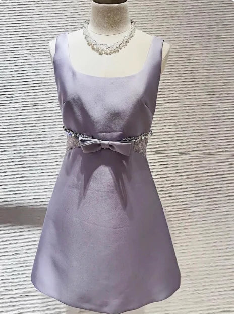 Sweet Purple Satin Square Neck Bow Waist 17th Birthday Homecoming Dress With Beaded