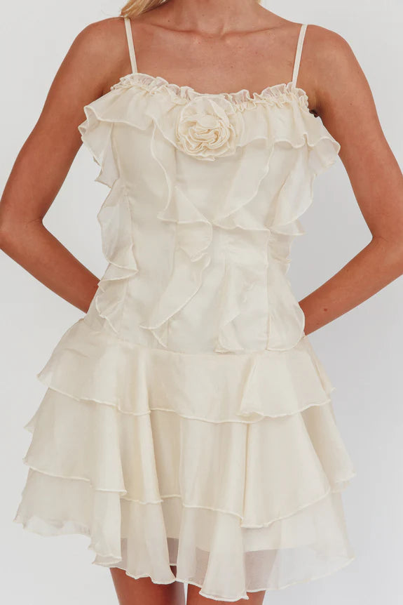 Sweet Spaghetti Straps Tiered Frill Trim Rosette Cream Mini Homecoming Dress