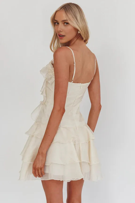 Sweet Spaghetti Straps Tiered Frill Trim Rosette Cream Mini Homecoming Dress