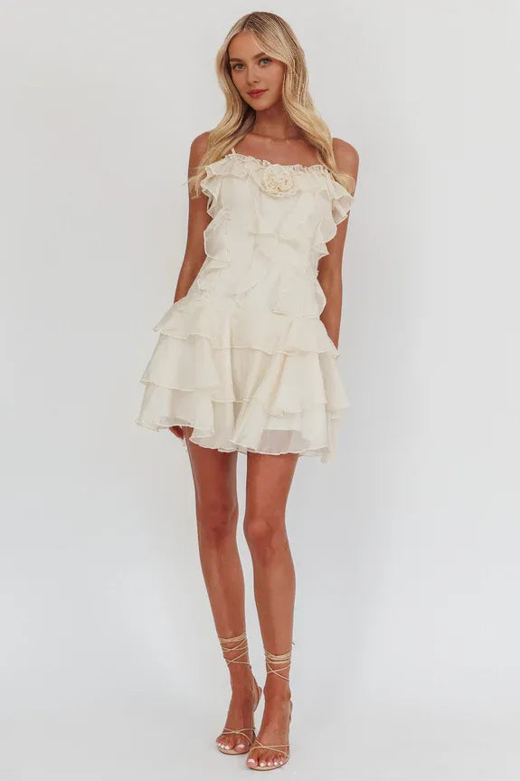 Sweet Spaghetti Straps Tiered Frill Trim Rosette Cream Mini Homecoming Dress
