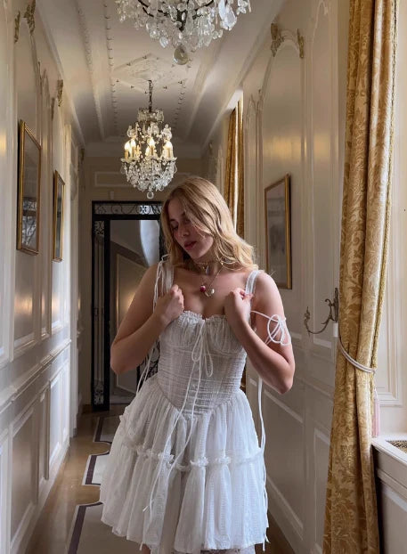 Sweet White Lace Waist Puffy Lace-up Short Birthday Skirt Homecoming Dress White Evening Dress