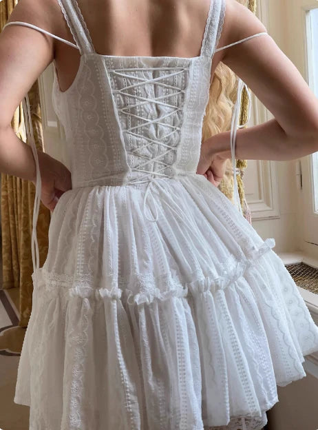 Sweet White Lace Waist Puffy Lace-up Short Birthday Skirt Homecoming Dress White Evening Dress
