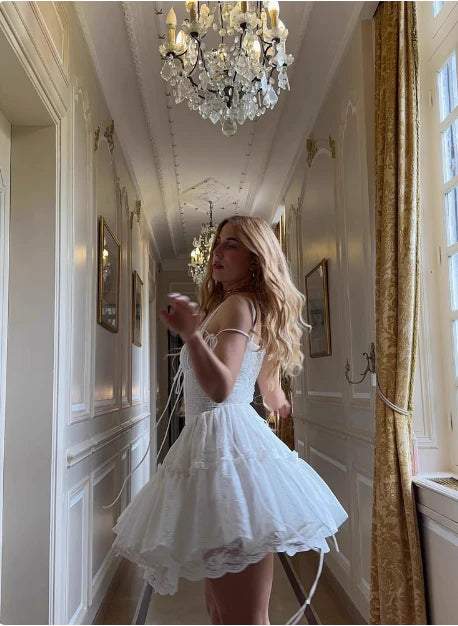 Sweet White Lace Waist Puffy Lace-up Short Birthday Skirt Homecoming Dress White Evening Dress