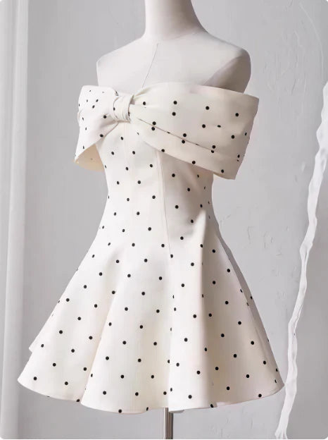 Sweet White Satin A-Line Strapless Bow Polka Dot Puffy Birthday Skirt Homecoming Dress