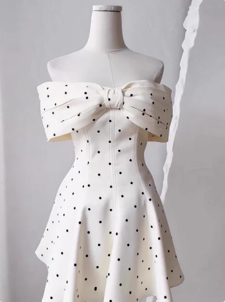 Sweet White Satin A-Line Strapless Bow Polka Dot Puffy Birthday Skirt Homecoming Dress
