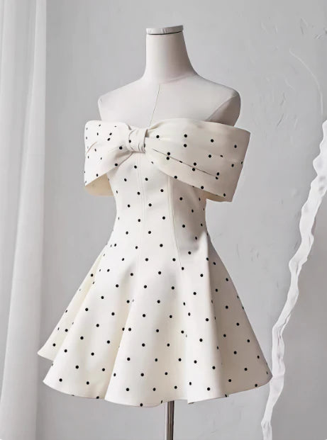 Sweet White Satin A-Line Strapless Bow Polka Dot Puffy Birthday Skirt Homecoming Dress