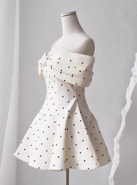 Sweet White Satin A-Line Strapless Bow Polka Dot Puffy Birthday Skirt Homecoming Dress