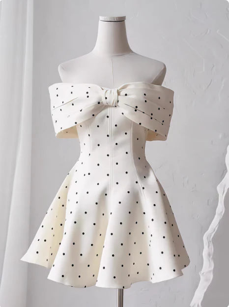 Sweet White Satin A-Line Strapless Bow Polka Dot Puffy Birthday Skirt Homecoming Dress