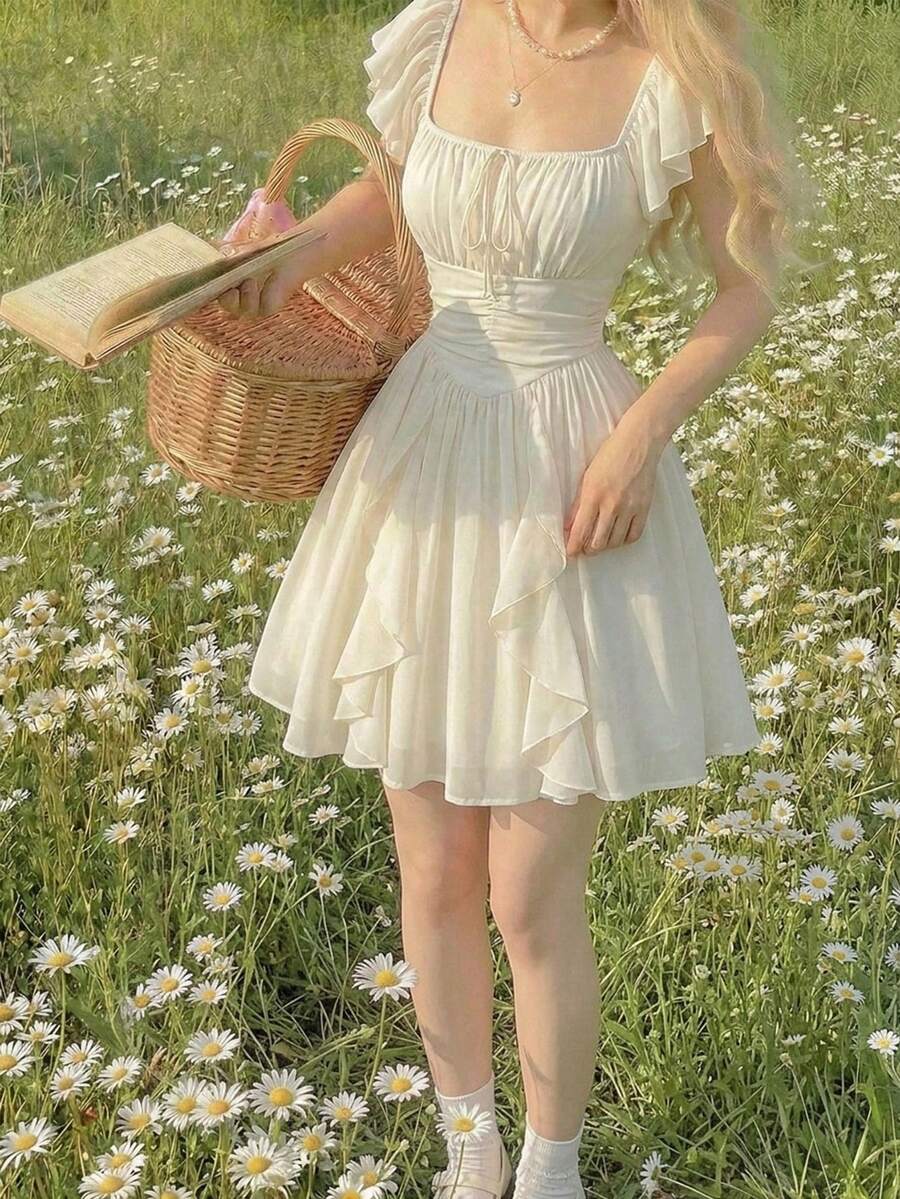 Sweet A-Line Square Neck Ruffled Sleeve Smocked Ivory Short Homecoming Dress