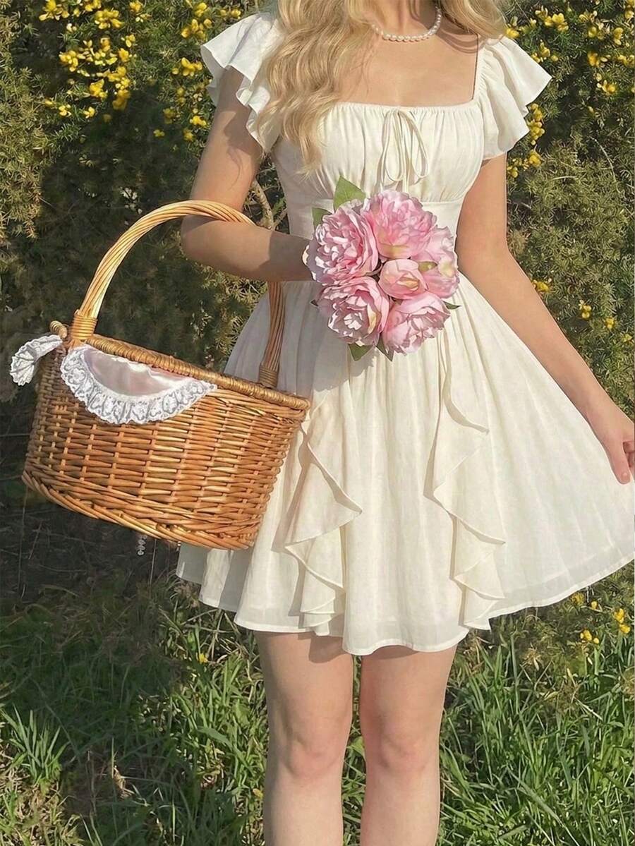 Sweet A-Line Square Neck Ruffled Sleeve Smocked Ivory Short Homecoming Dress