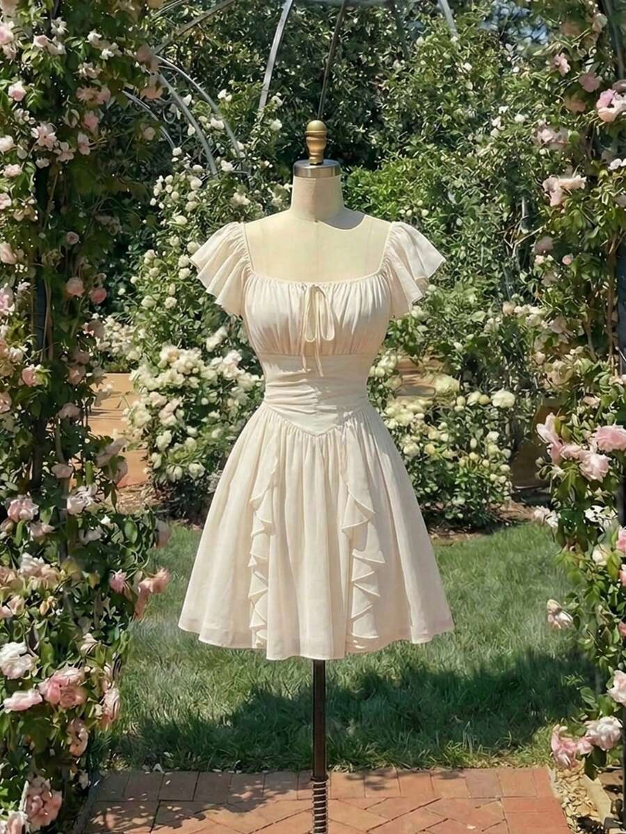 Sweet A-Line Square Neck Ruffled Sleeve Smocked Ivory Short Homecoming Dress