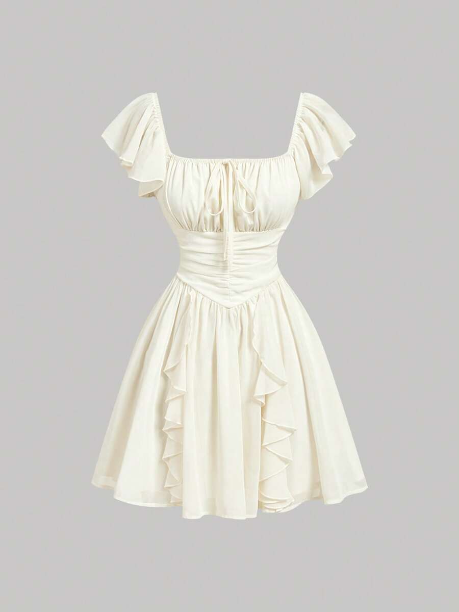 Sweet A-Line Square Neck Ruffled Sleeve Smocked Ivory Short Homecoming Dress