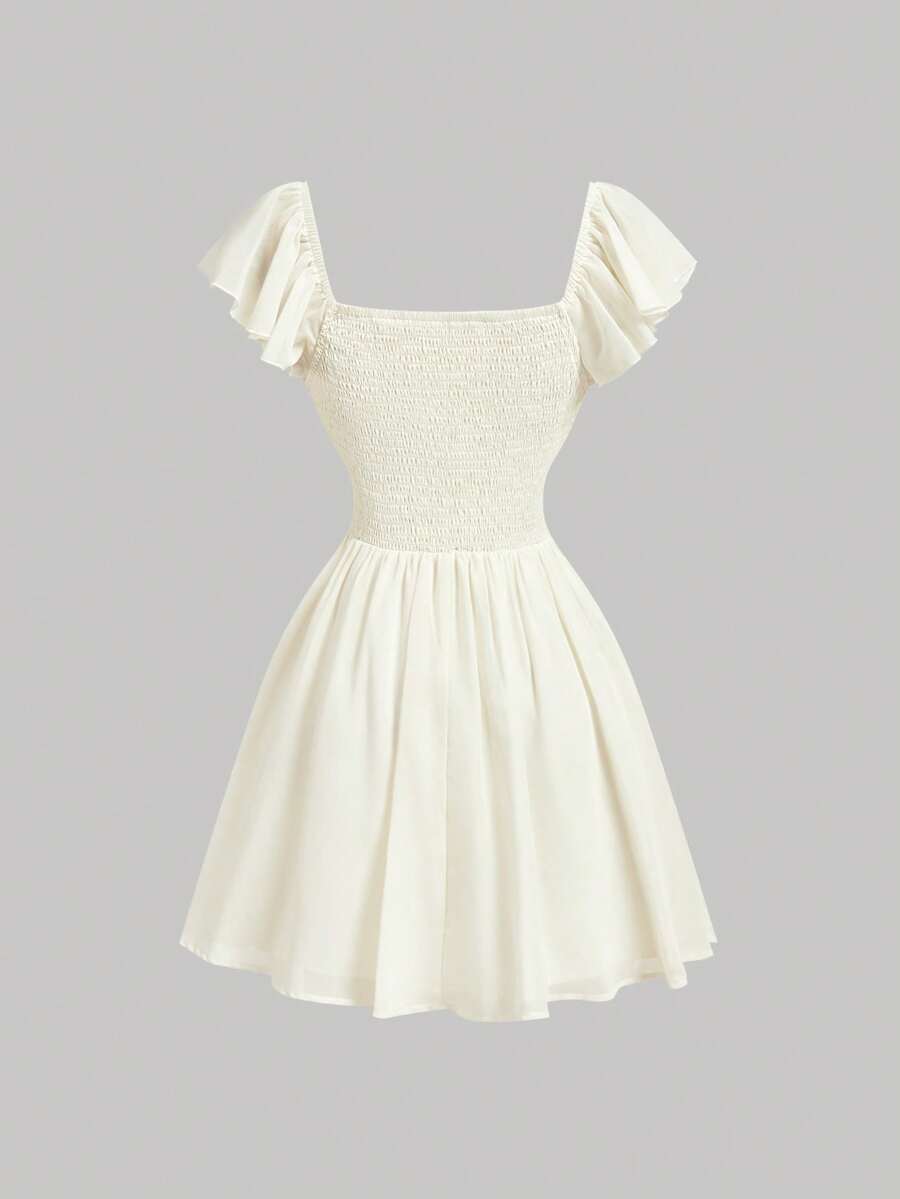 Sweet A-Line Square Neck Ruffled Sleeve Smocked Ivory Short Homecoming Dress