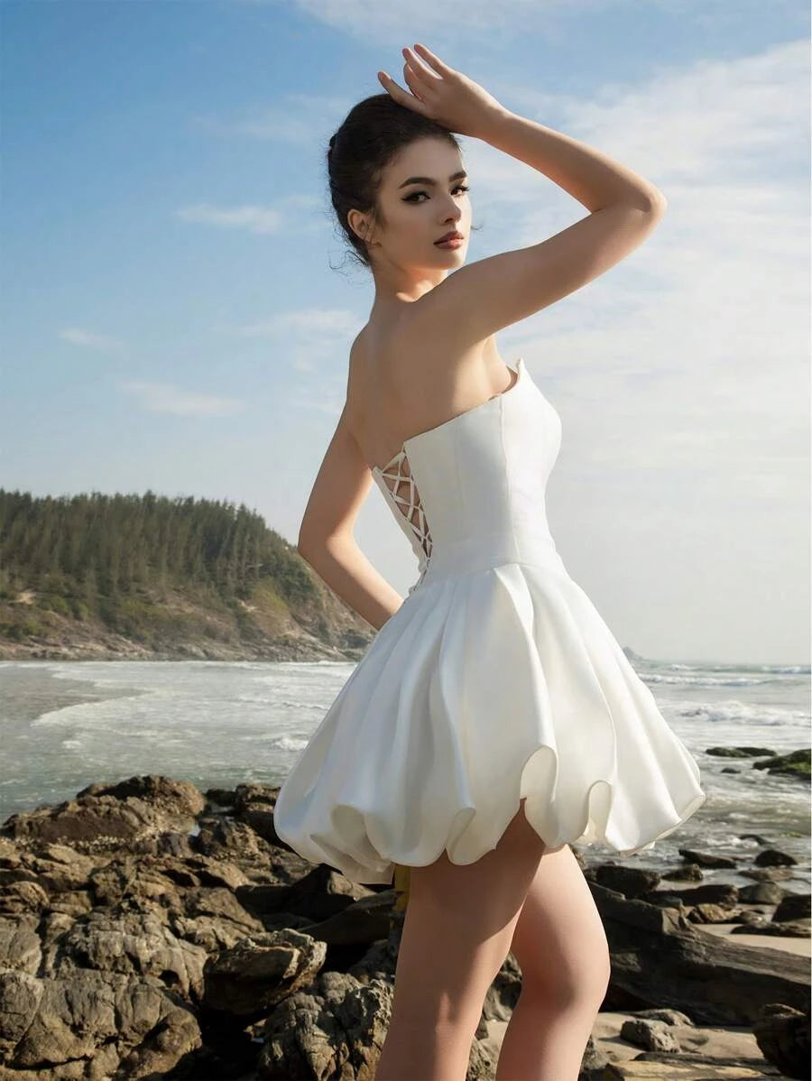 Sweet A-Line Strapless Corset Satin White Short Homecoming Dress With Bubble Hem