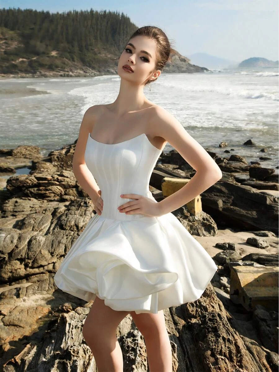 Sweet A-Line Strapless Corset Satin White Short Homecoming Dress With Bubble Hem