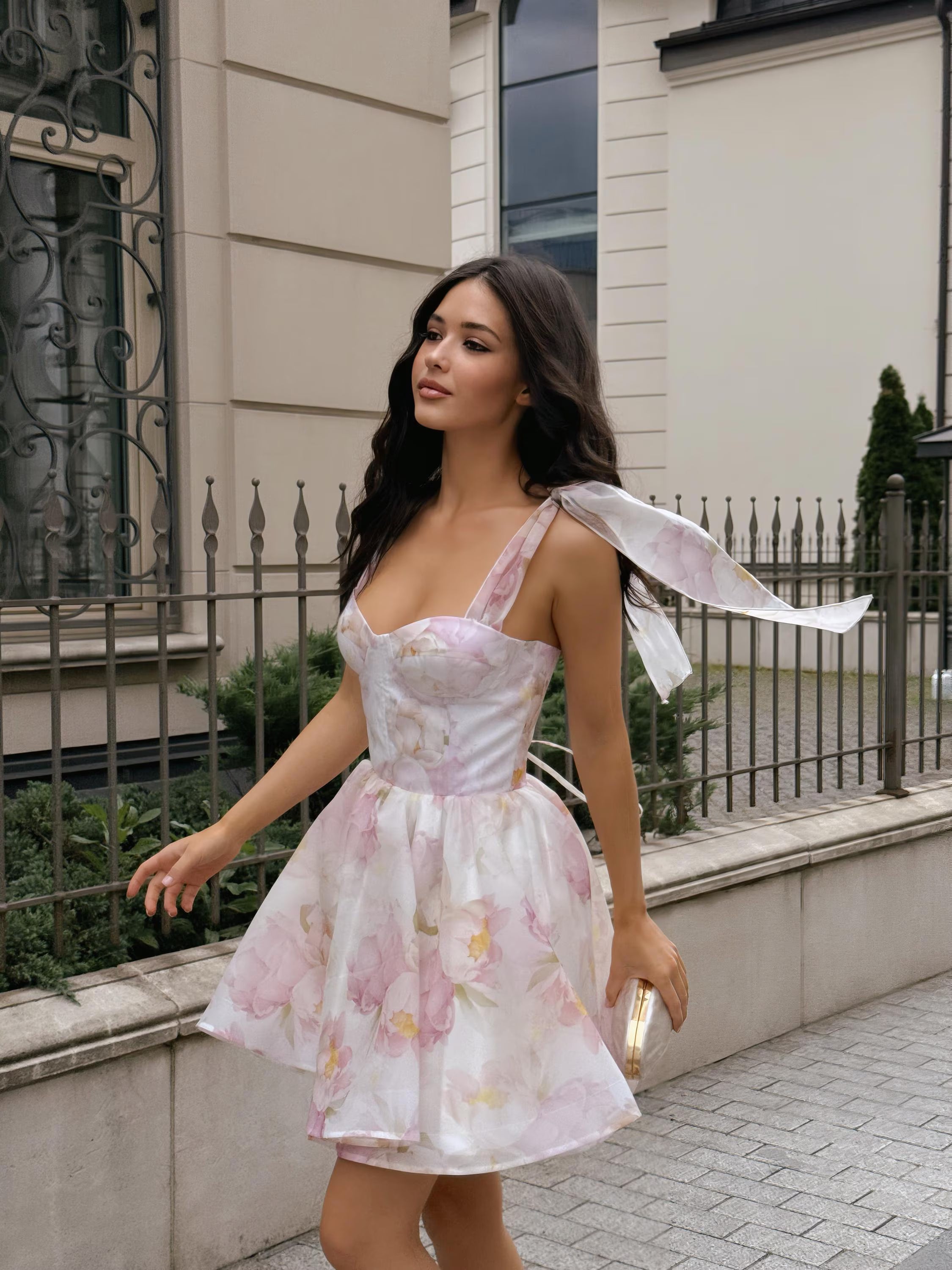 Sweet A-Line Sweetheart Floral Print Ruffled White Short Homecoming Dresses