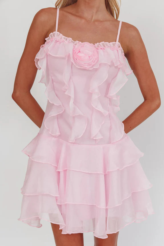 Sweet Spaghetti Straps Tiered Frill Trim Rosette Cream Mini Homecoming Dress
