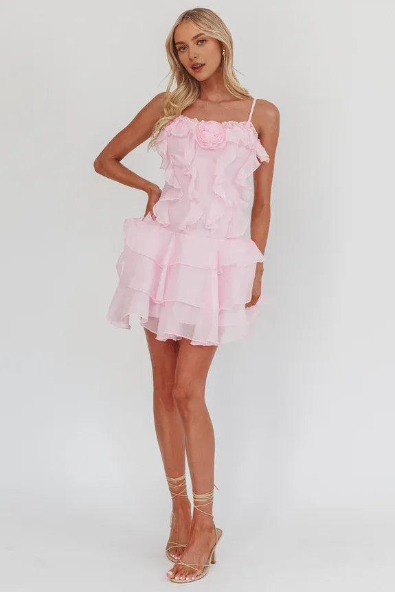 Sweet Spaghetti Straps Tiered Frill Trim Rosette Cream Mini Homecoming Dress