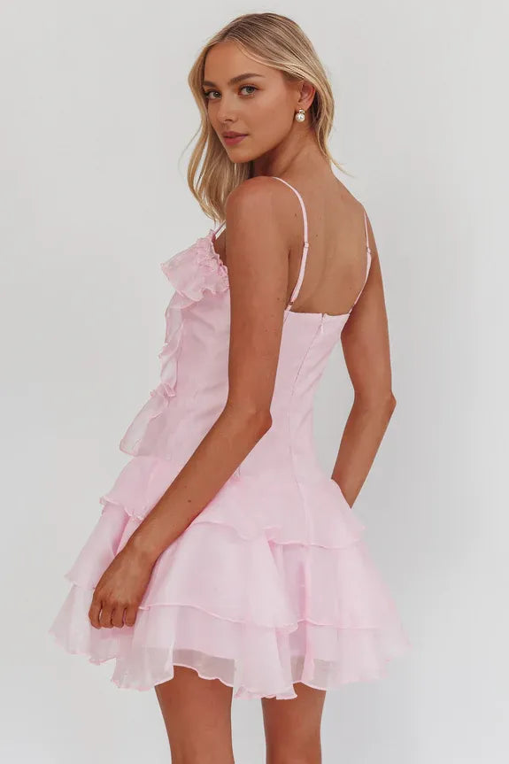 Sweet Spaghetti Straps Tiered Frill Trim Rosette Cream Mini Homecoming Dress