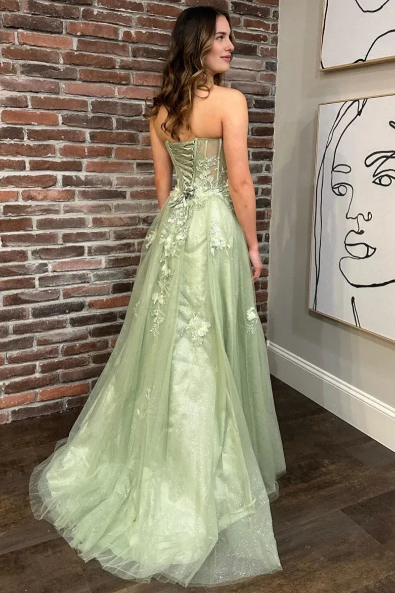 Sweetheart 3D Floral Lace-Up Lace Tulle Sage Green Long Prom Dress