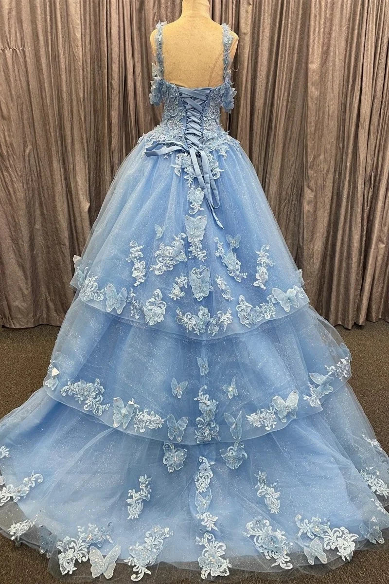 Sweetheart 3D Floral Lace Layered Tulle Blue Princess Evening Dress Prom Dress