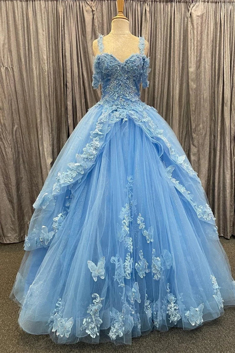 Sweetheart 3D Floral Lace Layered Tulle Blue Princess Evening Dress Prom Dress