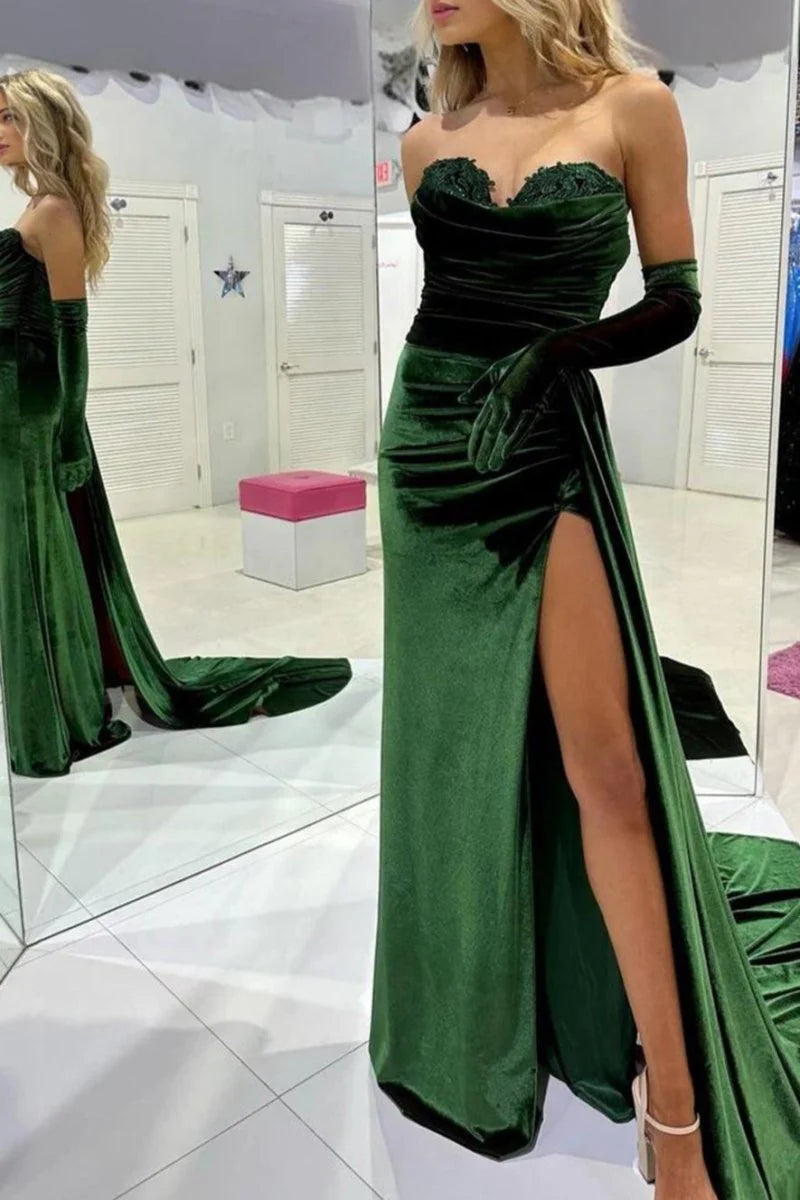 Sweetheart Applique Pleated Velvet Emerald Long Prom Dress With Attached Train
