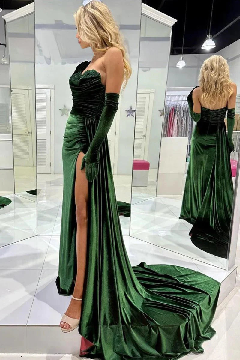 Sweetheart Applique Pleated Velvet Emerald Long Prom Dress With Attached Train