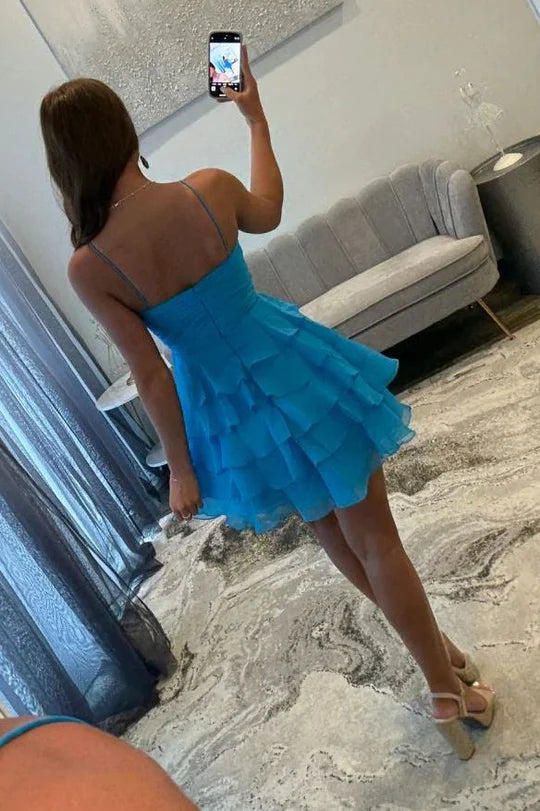 Sweetheart Collar Spaghetti Straps A-Line Pleated Ruffled Chiffon Short Homecoming Dress