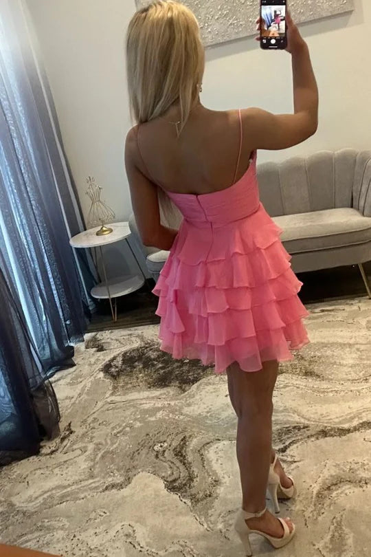 Sweetheart Collar Spaghetti Straps A-Line Pleated Ruffled Chiffon Short Homecoming Dress