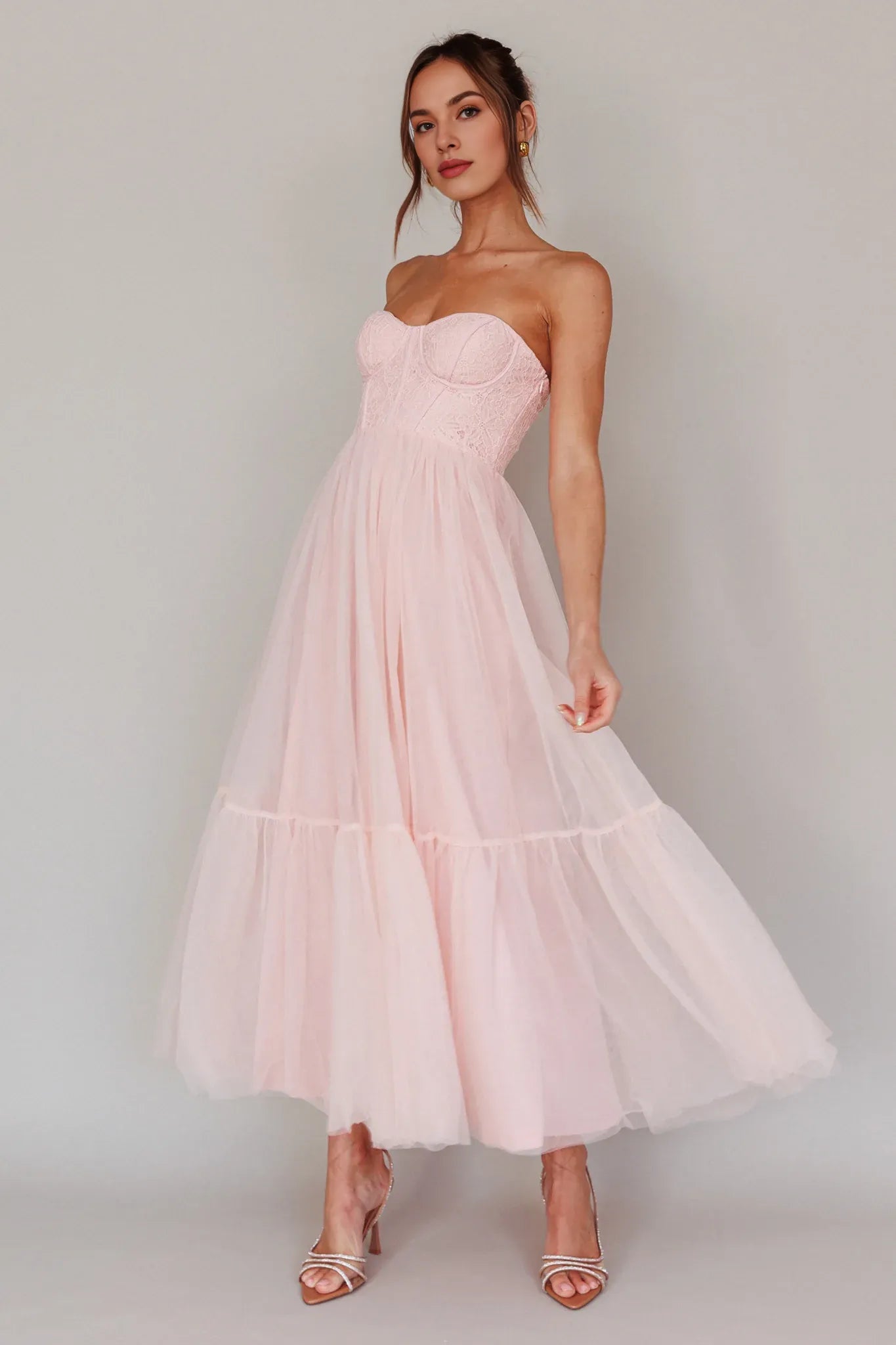Sweetheart Corset Tulle Pink Midi Evening Dress Party Dress Prom Dress