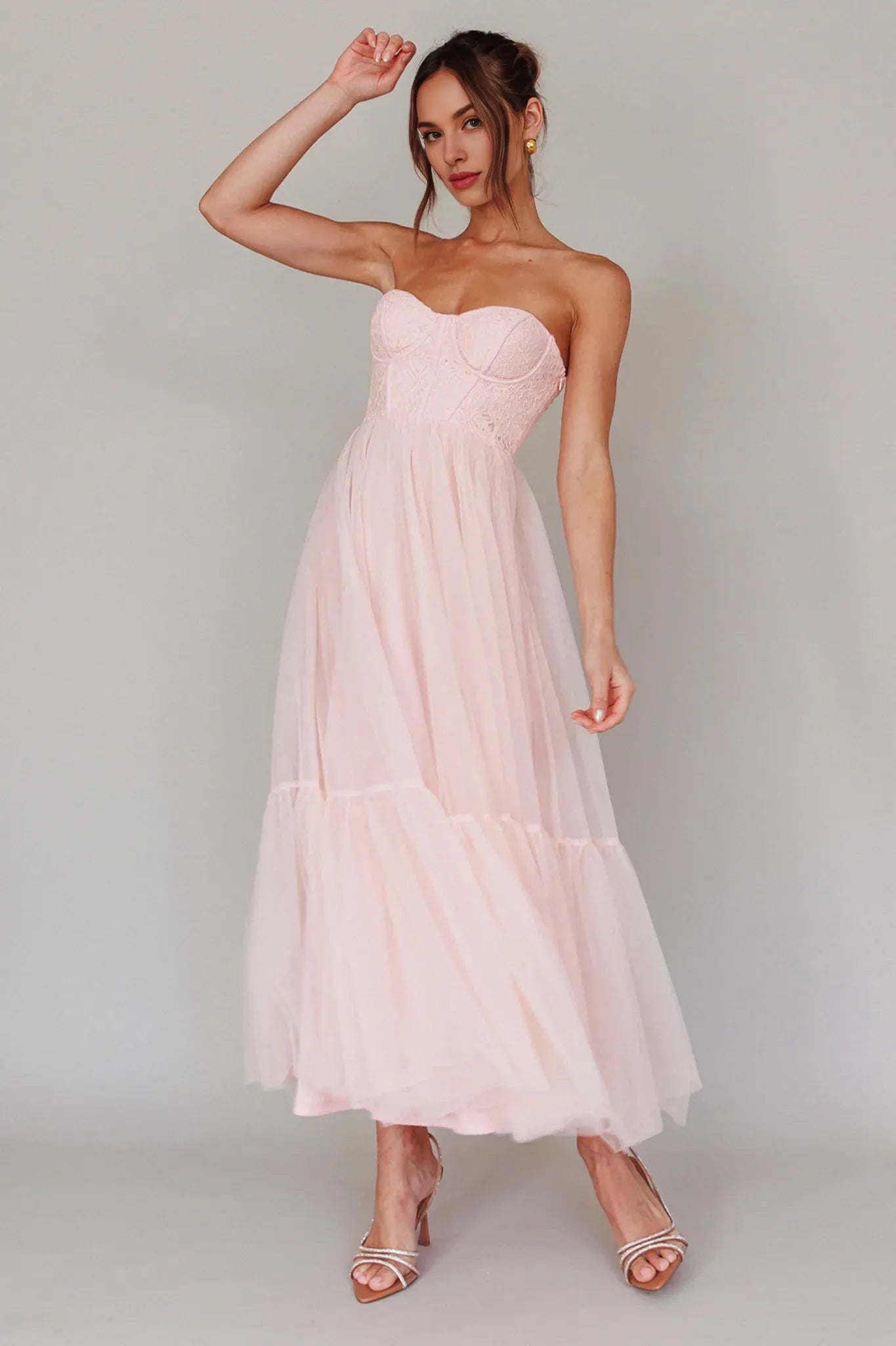 Sweetheart Corset Tulle Pink Midi Evening Dress Party Dress Prom Dress