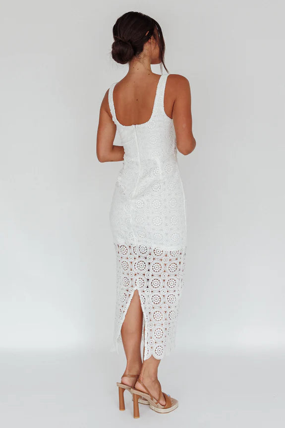 Sweetheart Crochet Lace White Midi Evening Dress With Back Slit
