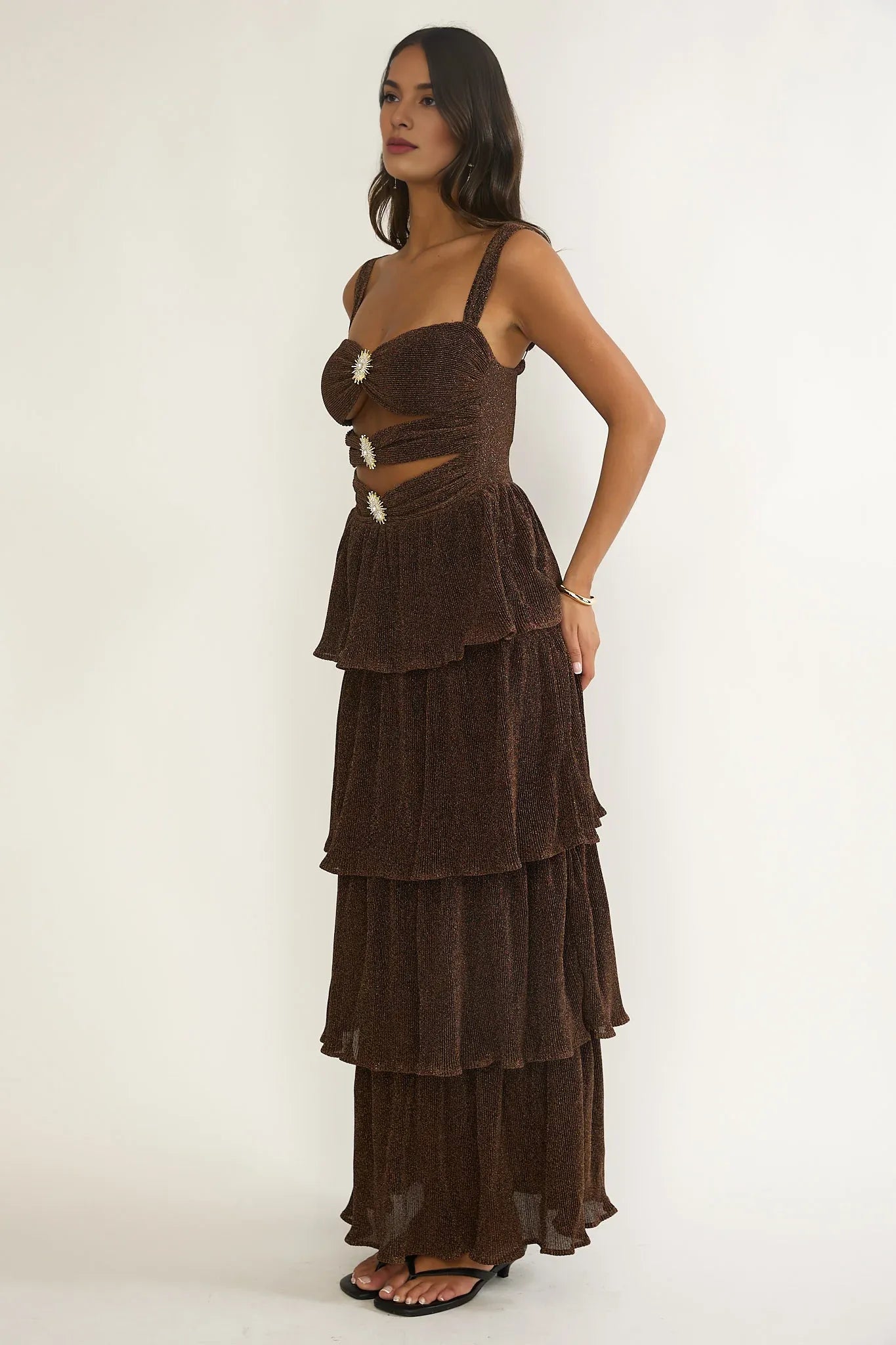 Sweetheart Cut-Out Bodice Layered Shimmer Bronze Maxi Evening Dress