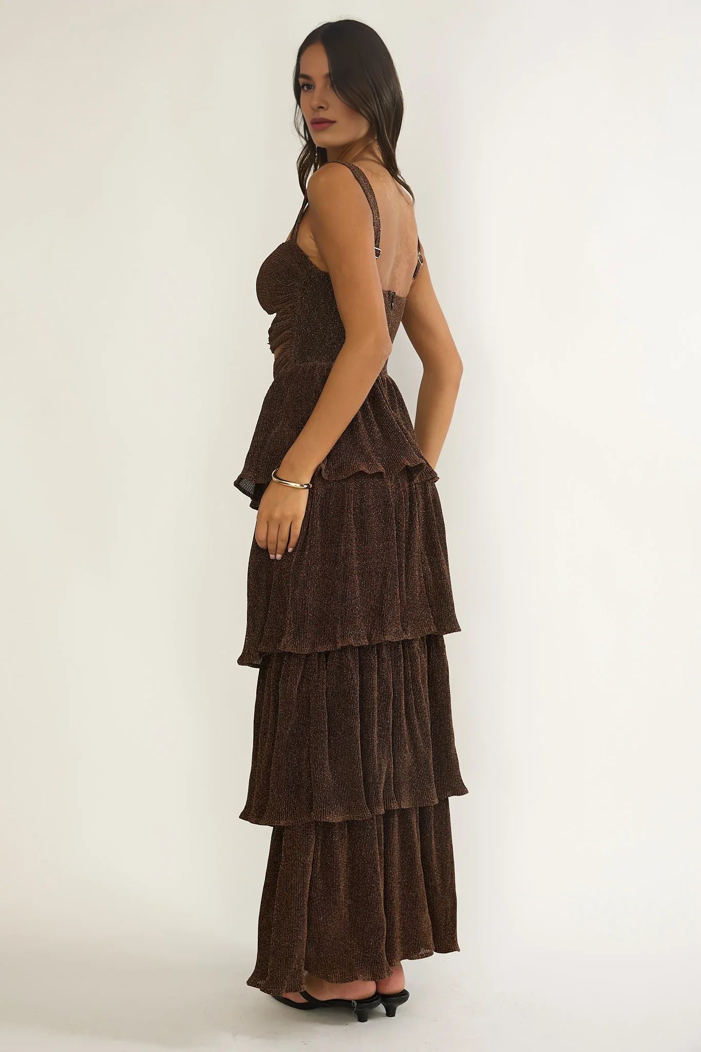 Sweetheart Cut-Out Bodice Layered Shimmer Bronze Maxi Evening Dress
