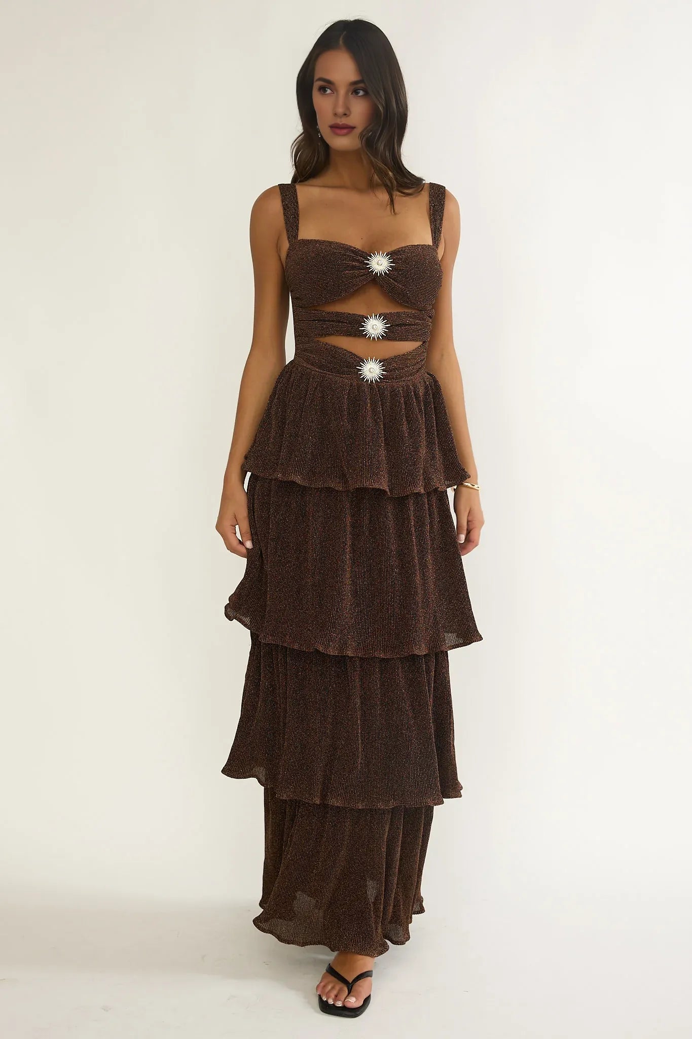 Sweetheart Cut-Out Bodice Layered Shimmer Bronze Maxi Evening Dress