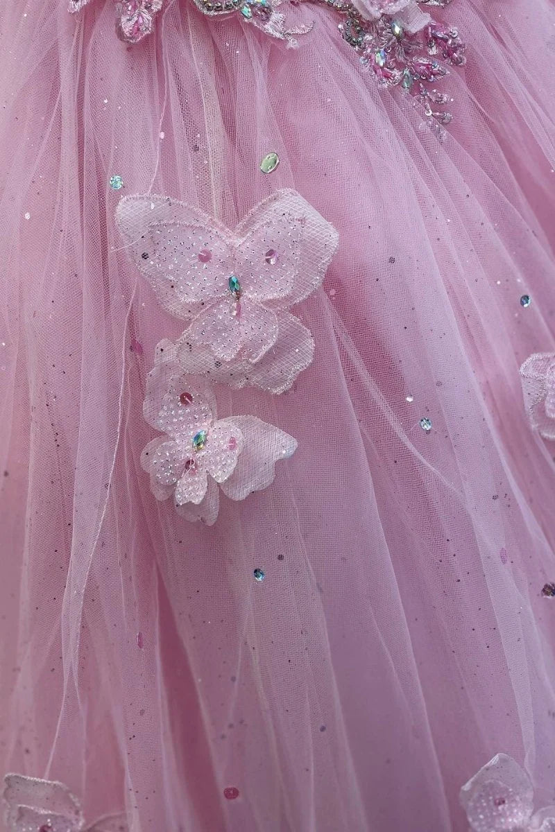 Sweetheart Floral Appliques Tulle Pink Princess Evening Dress Prom Dress