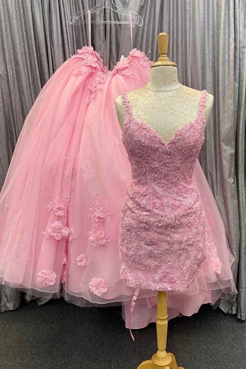 Sweetheart Floral Appliques Tulle Pink Princess Evening Dress Prom Dress