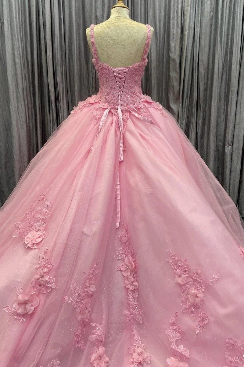 Sweetheart Floral Appliques Tulle Pink Princess Evening Dress Prom Dress