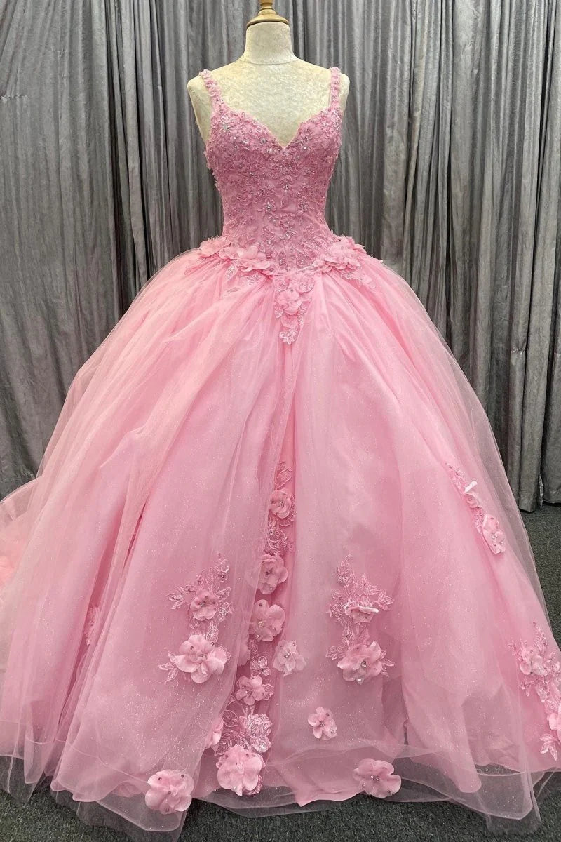 Sweetheart Floral Appliques Tulle Pink Princess Evening Dress Prom Dress