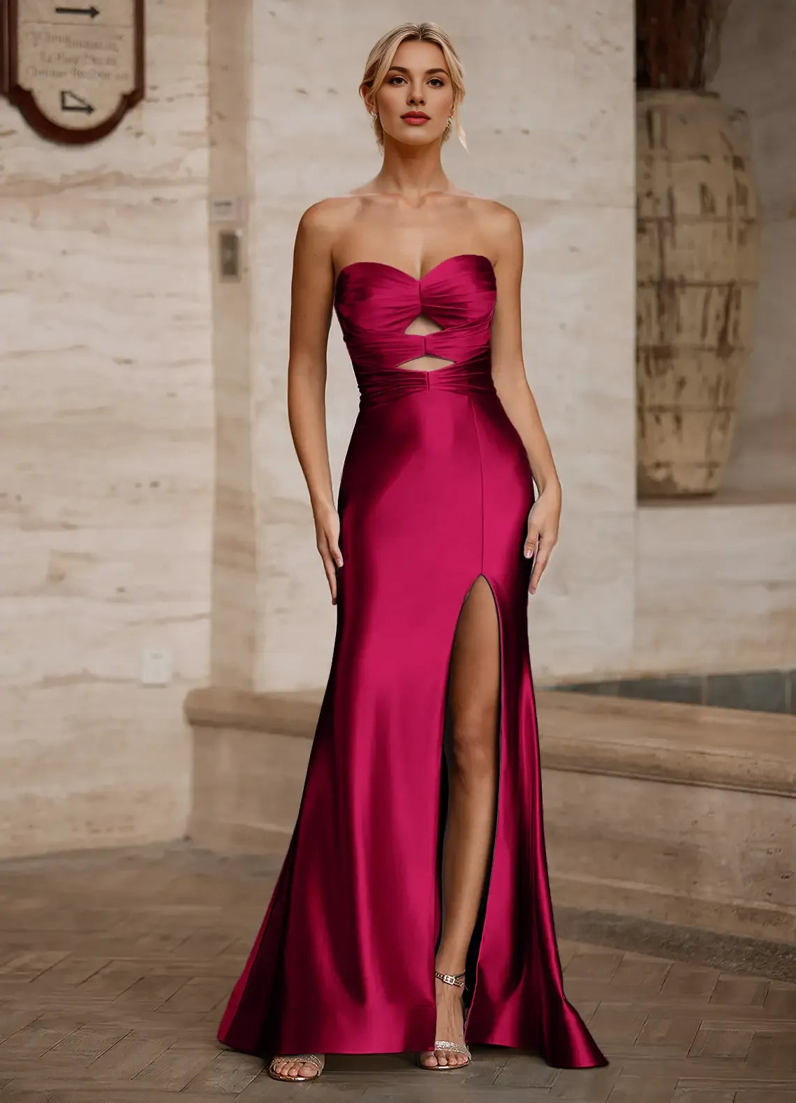 Sweetheart Keyhole Cutout Satin Royal Blue Prom Dress With Slit