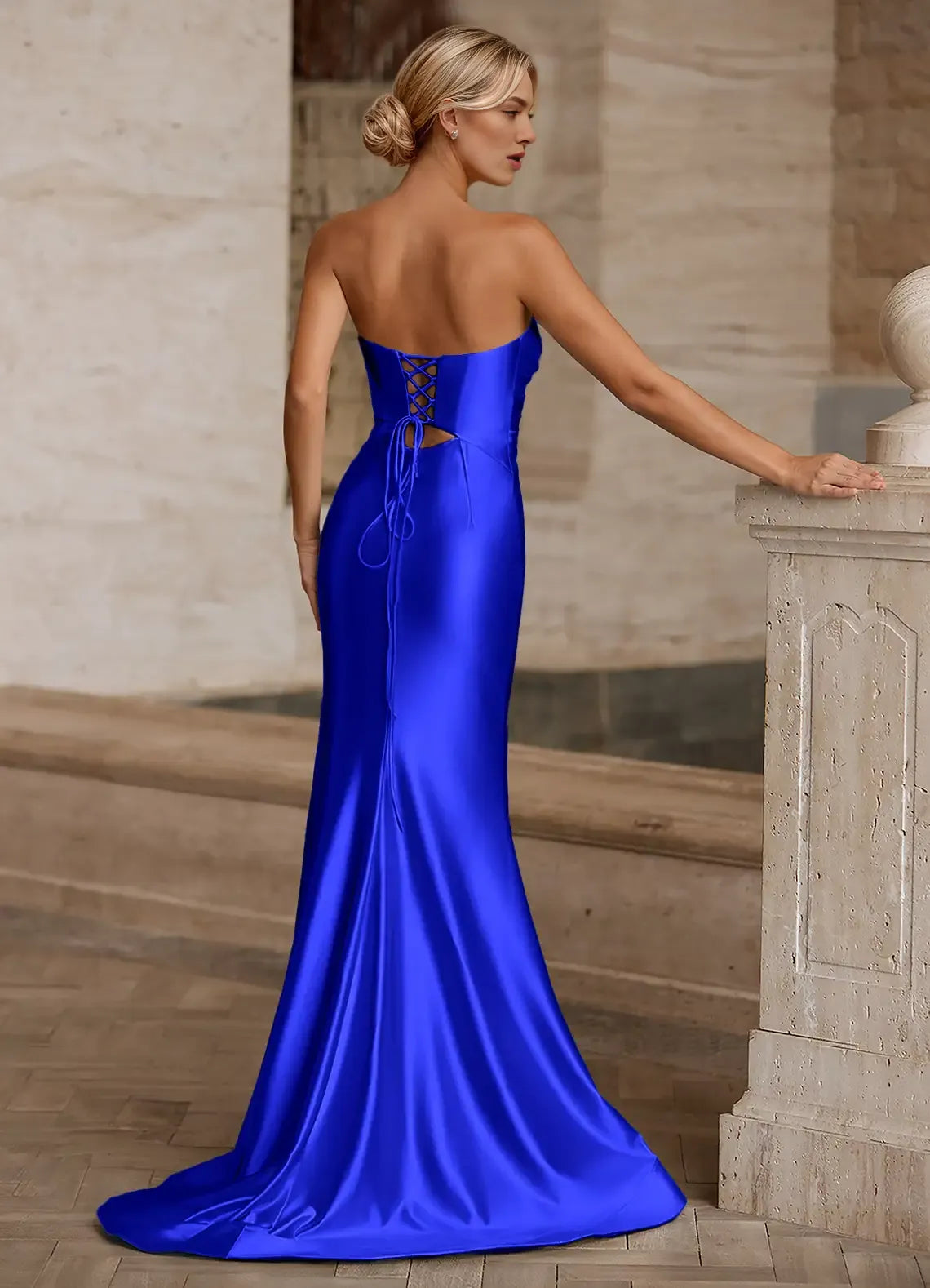 Sweetheart Keyhole Cutout Satin Royal Blue Prom Dress With Slit