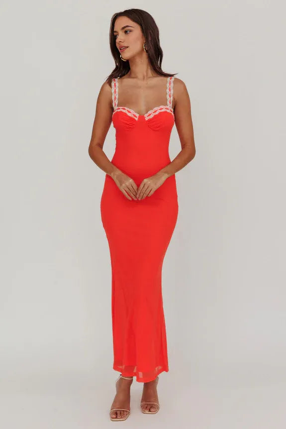 Sweetheart Lace Strap Red Maxi Homecoming Dress Prom Dress With Back Zipper