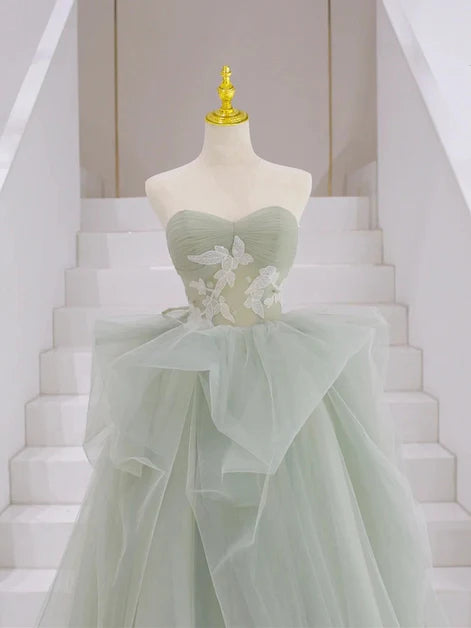 Sweetheart Light Green A-line Off Shoulder Tulle Long Prom Dress  Party Dress