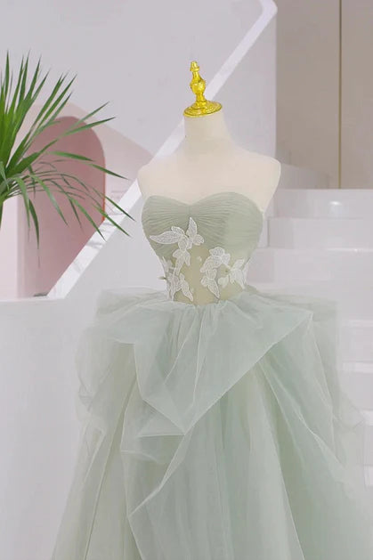 Sweetheart Light Green A-line Off Shoulder Tulle Long Prom Dress  Party Dress